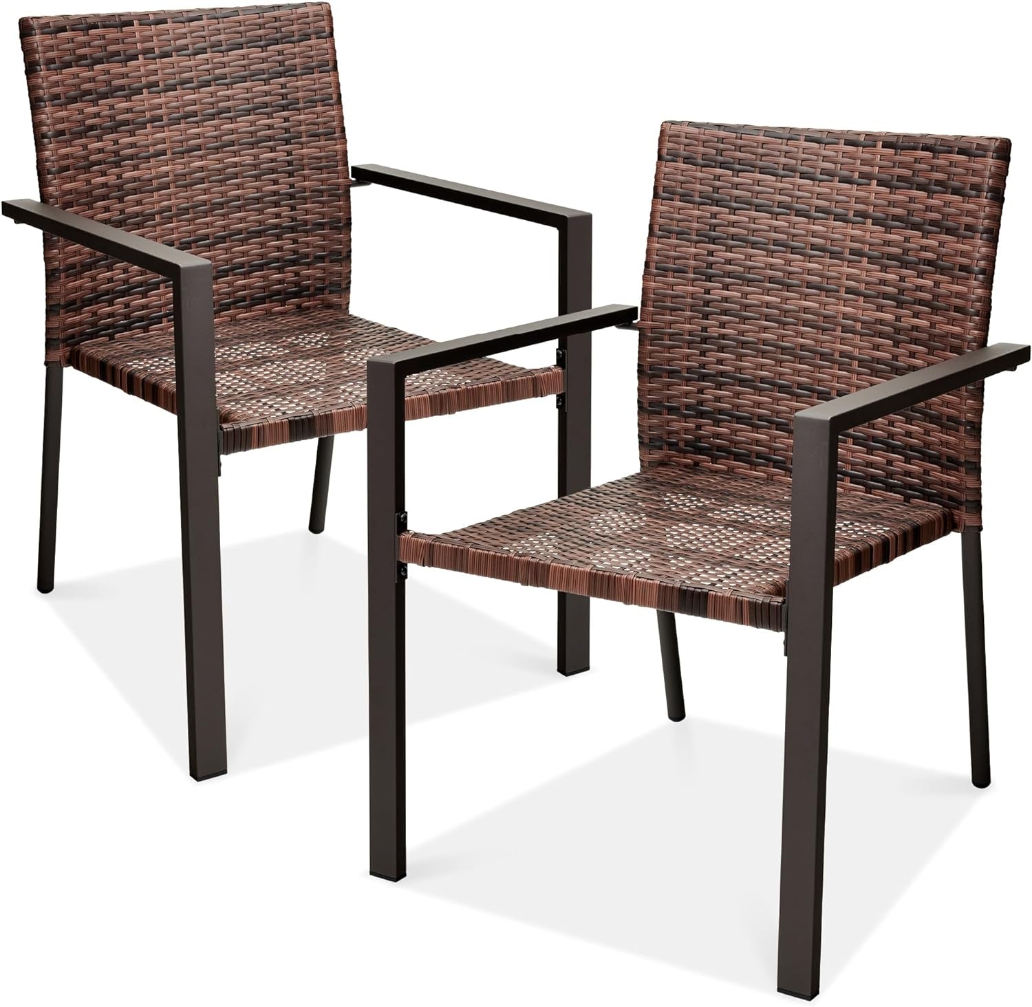 Set of 2 Stackable Outdoor Wicker Dining Chairs All-Weather Firepit Armchair W/Armrests, Steel Frame for Patio, Deck, Garden, Yard - Brown