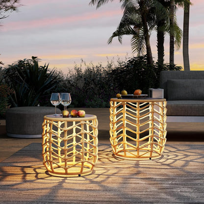 Boho Solar Nesting Tables with Built-In Lights - Set of 2, Weather-Resistant Wicker for Patio, Porch, Garden, Perfect Side Table for Outdoor Living, Natural &amp; Stylish Design