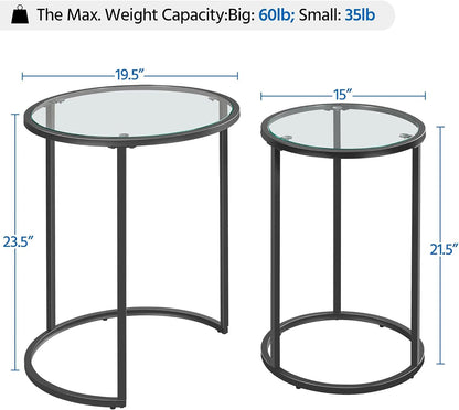 round Nesting End Table Set of 2,Stacking Side Tables,Coffee Tables Set W/Metal Frame &amp; Glass Top &amp; Protective Foot Pads for Small Space, Living Room, Office- Black