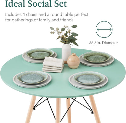 5-Piece Dining Set, Compact Mid-Century Modern Table &amp; Chair Set for Home, Apartment W/ 4 Chairs, Plastic Seats, Wooden Legs, Metal Frame - Light Green/Oak