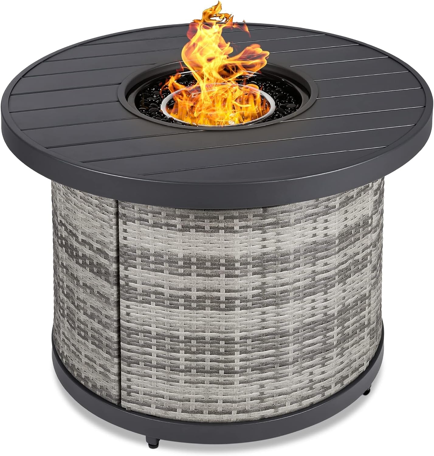 32In round Gas Fire Pit Table, 50,000 BTU Outdoor Wicker Patio Propane Firepit W/Faux Wood Table Top, Glass Beads, Cover, Hideaway Tank Holder, Lid - Gray