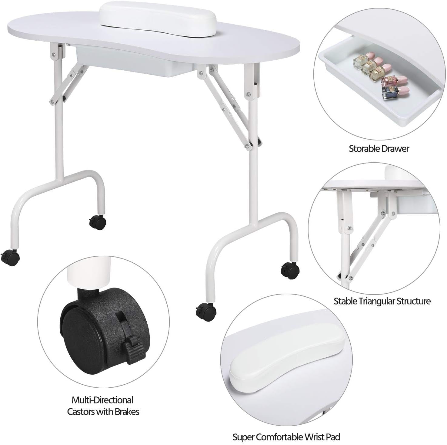 37-Inch Portable &amp; Foldable Manicure Table Nail Desk Workstation with Large Drawer/Client Wrist Pad/Controllable Wheels/Carrying Case for Spa Beauty Salon White, 1 Count (Pack of 1)