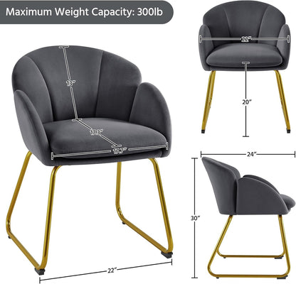 Flower Shape Velvet Armchair, Modern Side Chair Vanity Chair with Golden Metal Legs for Living Room/Dressing Room/Bedroom/Home Office/Kitchen, Dark Gray