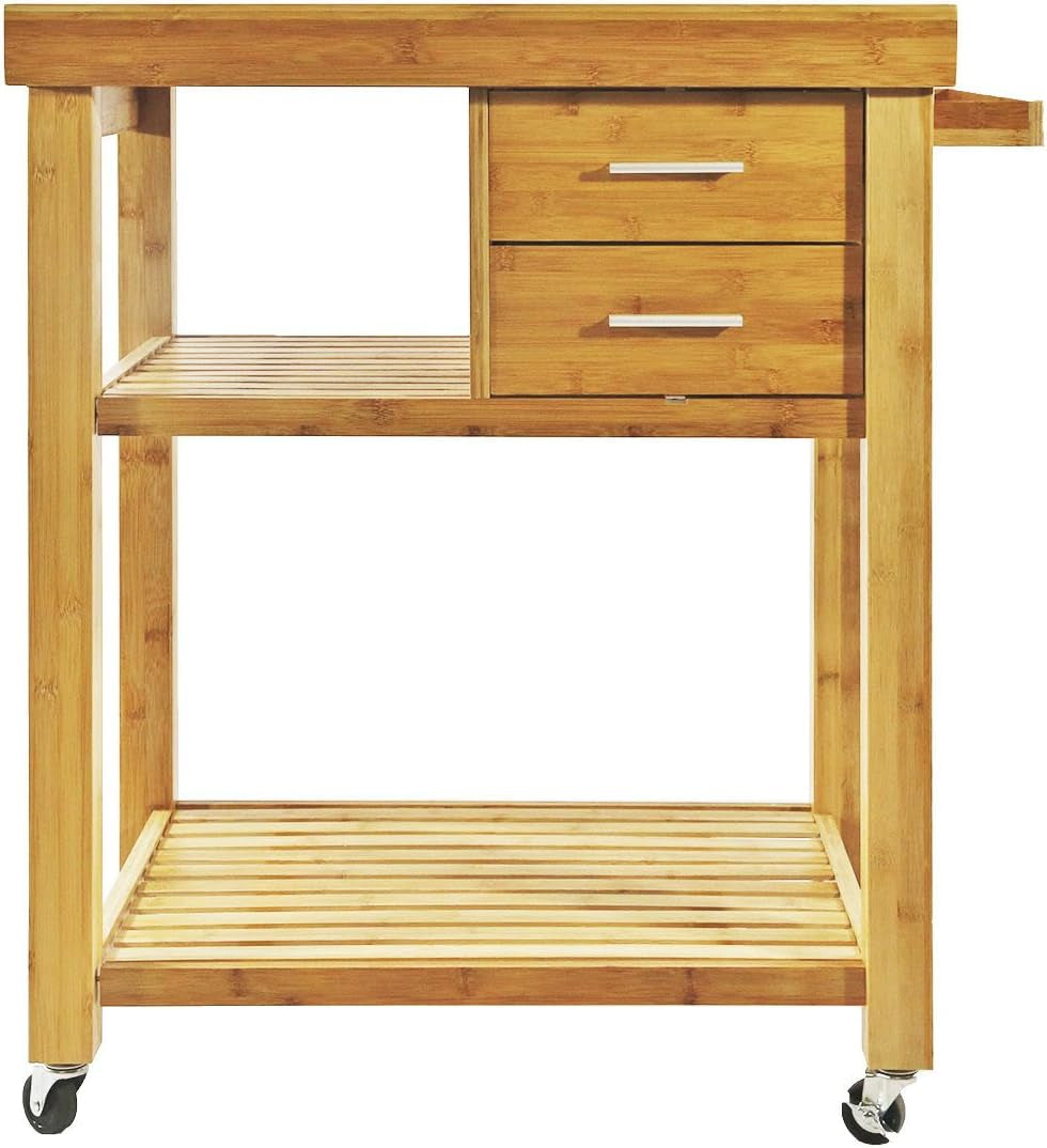 Rolling Kitchen Island Cart with Drawers Shelves, Towel Rack, Locking Casters, Butcher Block Food Prepping Cart Trolley on Wheels, Bamboo Wood