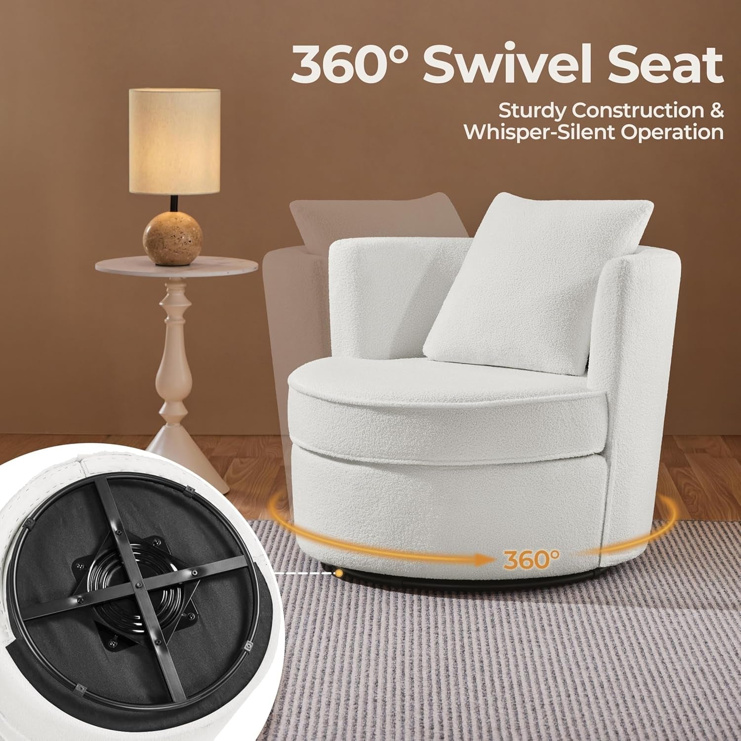 Swivel Barrel Chair, 34.5″ W Teddy Upholstered round Swivel Chair, 360° Soft Boucle Accent Arm Chair with Throw Pillow, Single Sofa Chair for Living Room Bedroom Reading White