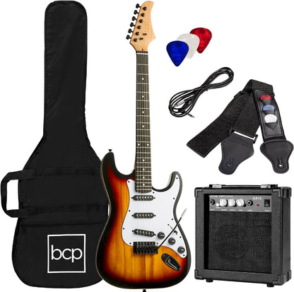 39In Full Size Beginner Electric Guitar Starter Kit W/Case, Strap, 10W Amp, Strings, Pick, Tremolo Bar - Jet Black