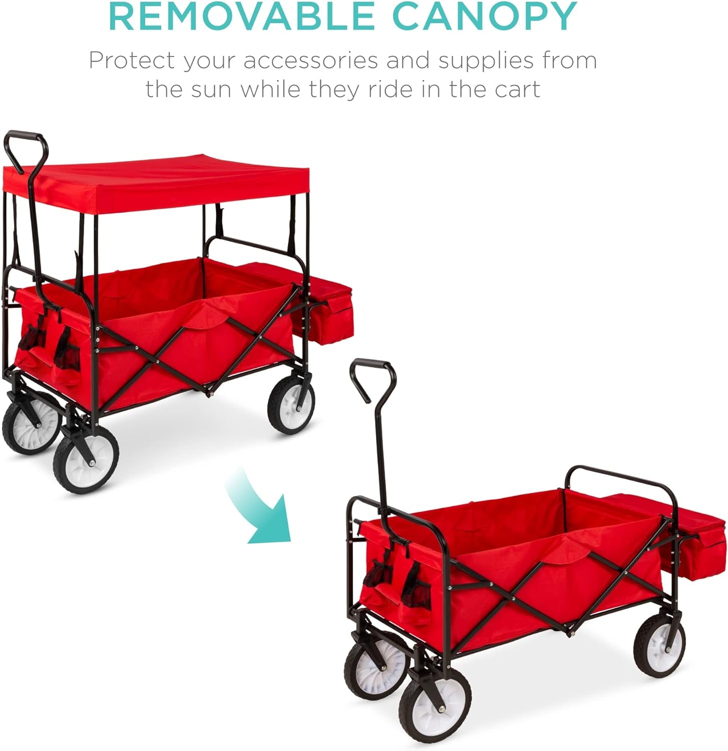 Collapsible Folding Outdoor Utility Wagon with Canopy Garden Cart for Beach, Picnic, Camping, Tailgates W/Removable Canopy, Detachable Pockets, 150Lb Weight Capacity - Red