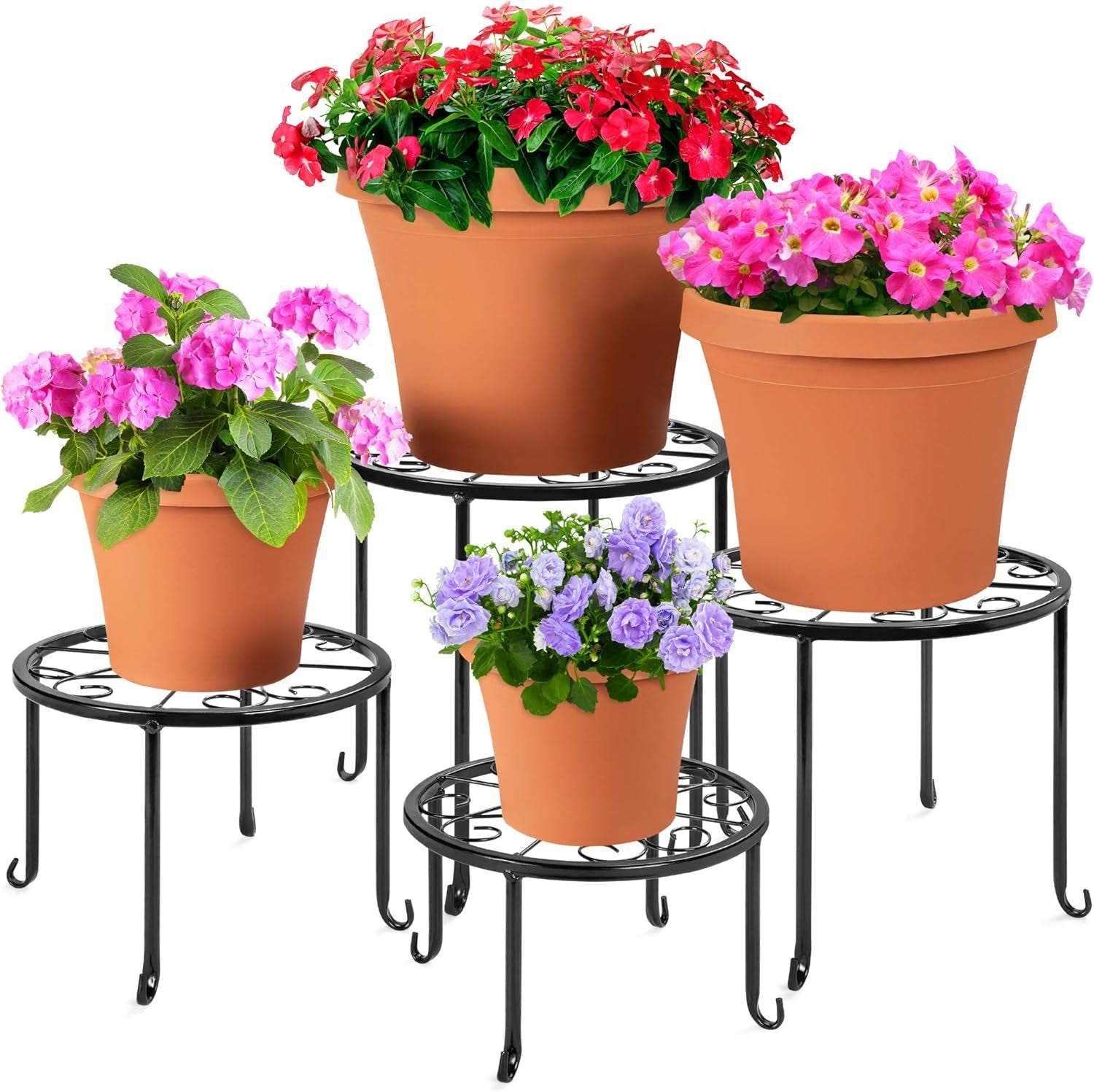 Set of 4 Indoor Outdoor Metal Nesting Plant Stands, Flowerpot Holder Display Rack for Home &amp; Garden Décor W/ Starburst Design