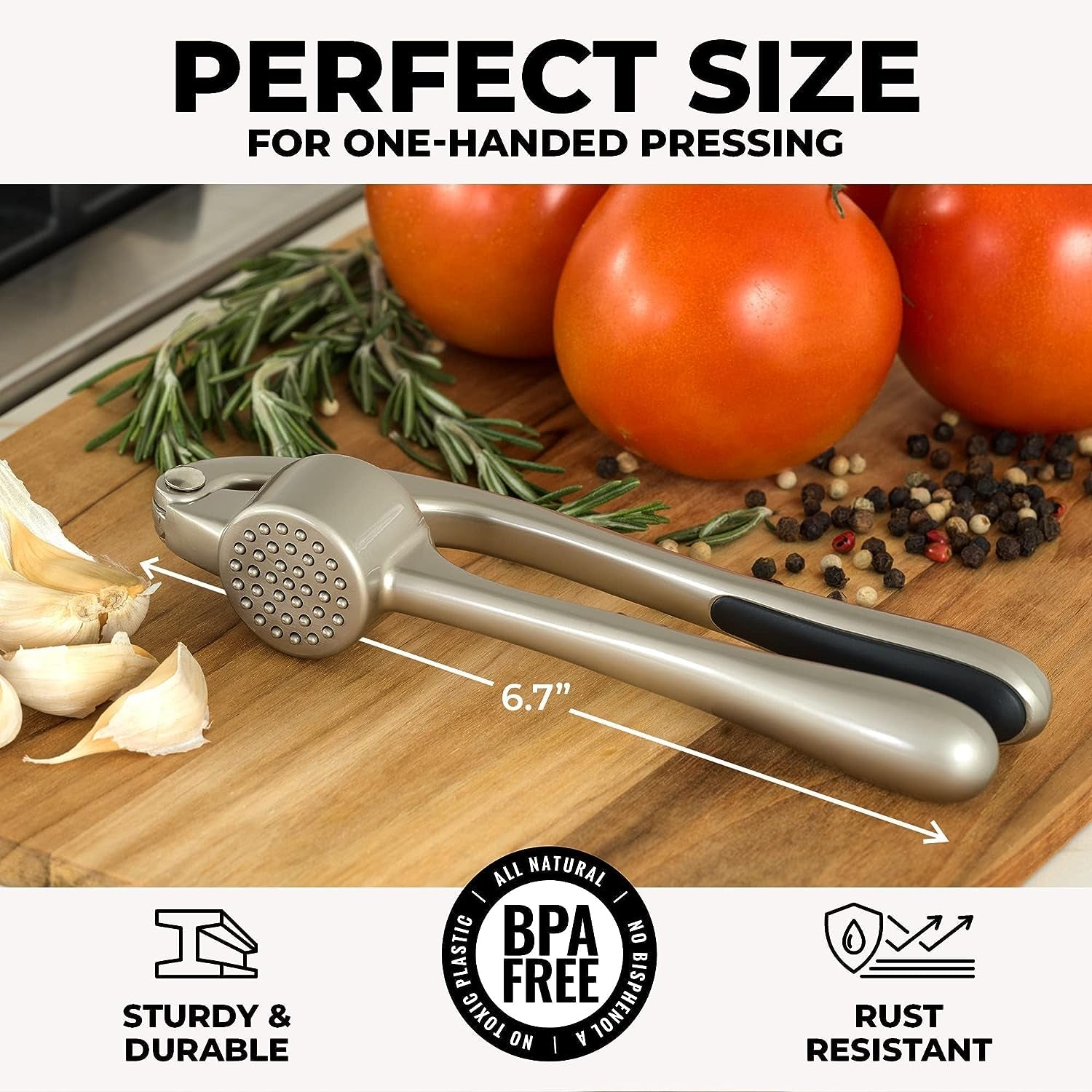 Premium Garlic Press Set - Rust Proof &amp; Dishwasher Safe Professional Garlic Mincer Tool - Easy-Squeeze, Easy-Clean with Soft, Ergonomic Handle - Silicone Garlic Peeler &amp; Brush (Silver)