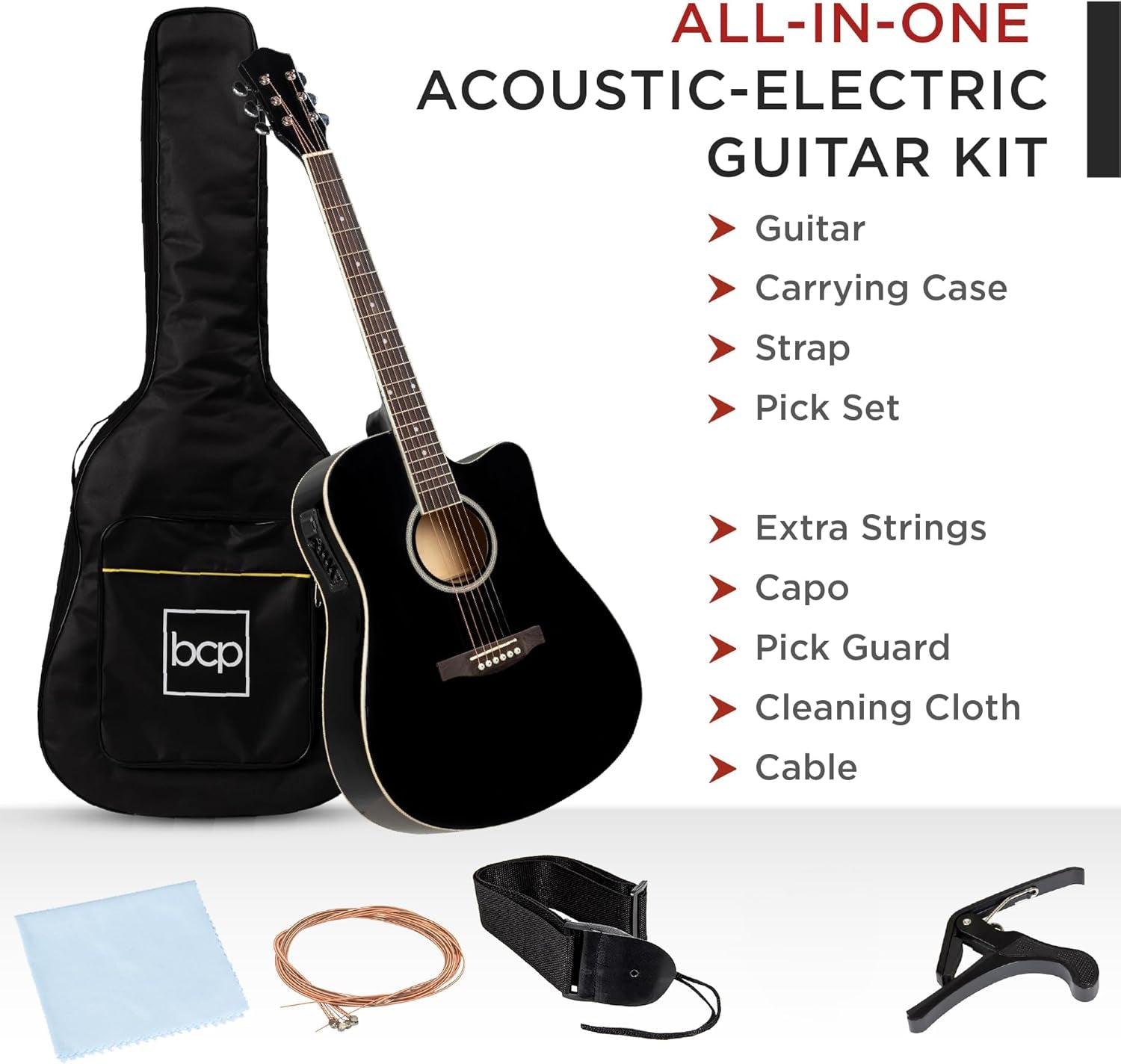 Beginner Acoustic Electric Guitar Starter Set 41In W/All Wood Cutaway Design, Case, Strap, Picks - Black