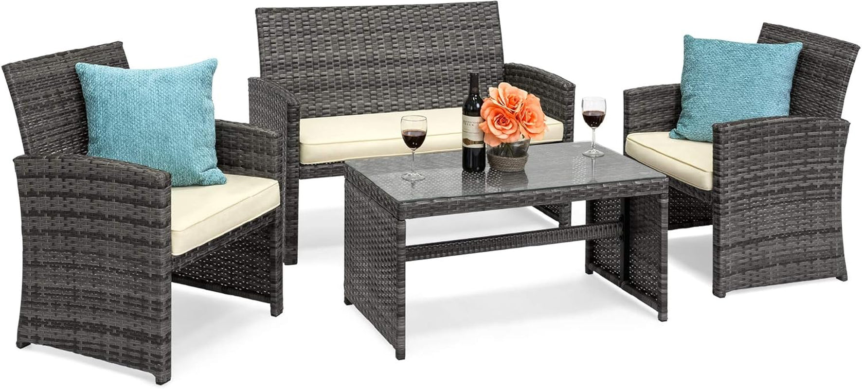 4-Piece Outdoor Wicker Patio Conversation Furniture Set for Backyard W/Coffee Table, Seat Cushions - Gray/Navy