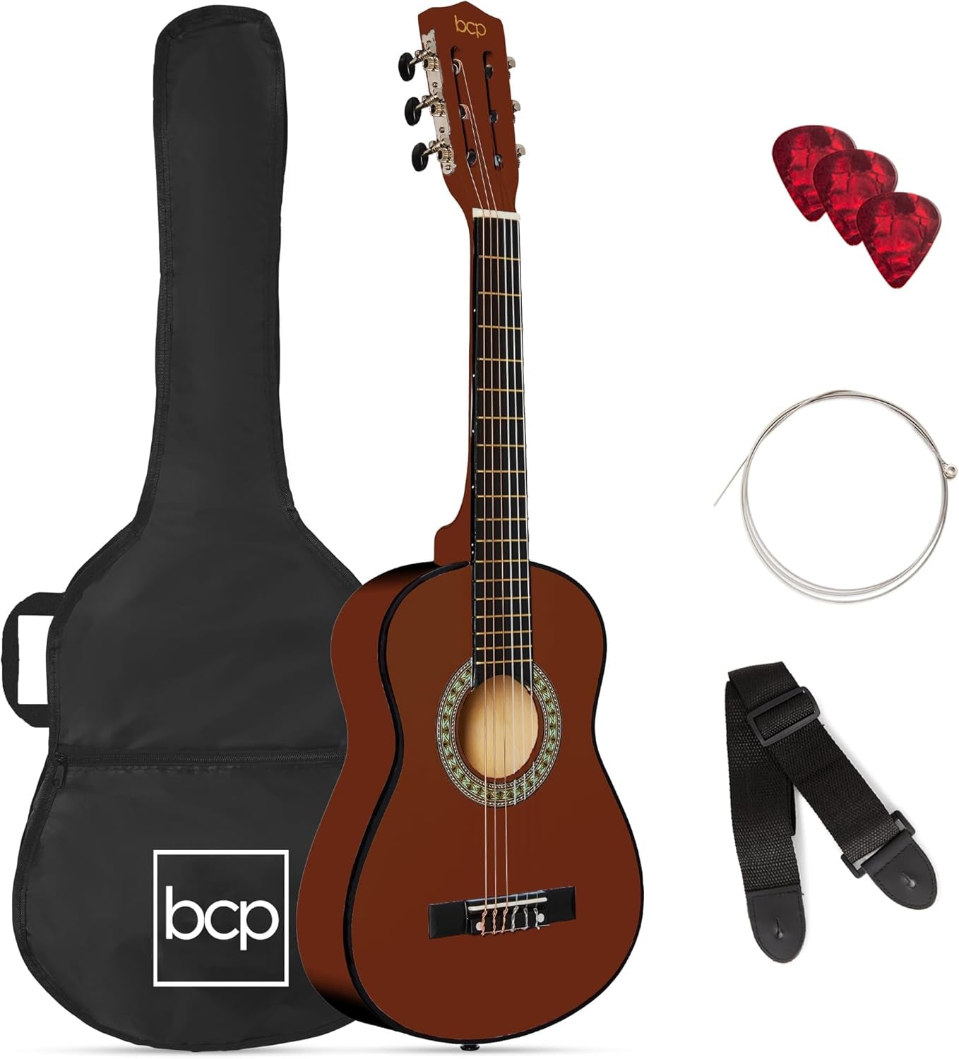 38In Beginner All Wood Acoustic Guitar Starter Kit W/Gig Bag, 6 Celluloid Picks, Nylon Strings, Capo, Cloth, Strap W/Pick Holder - Matte Black