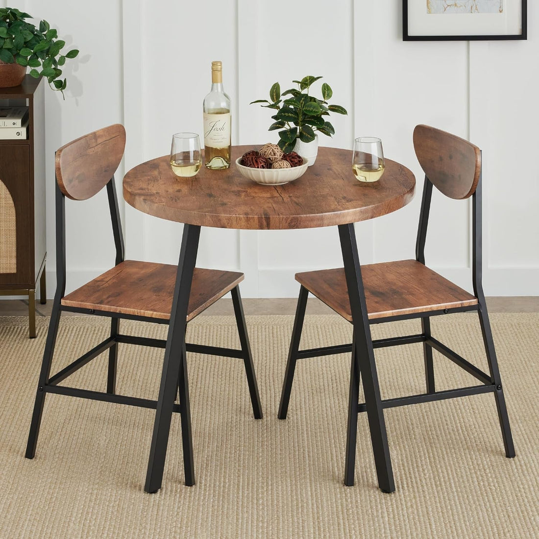 3-Piece Mid-Century Modern round Dining Set, Space Saving Dinette for Kitchen, Dining Room, Small Space W/Metal Legs - Brown