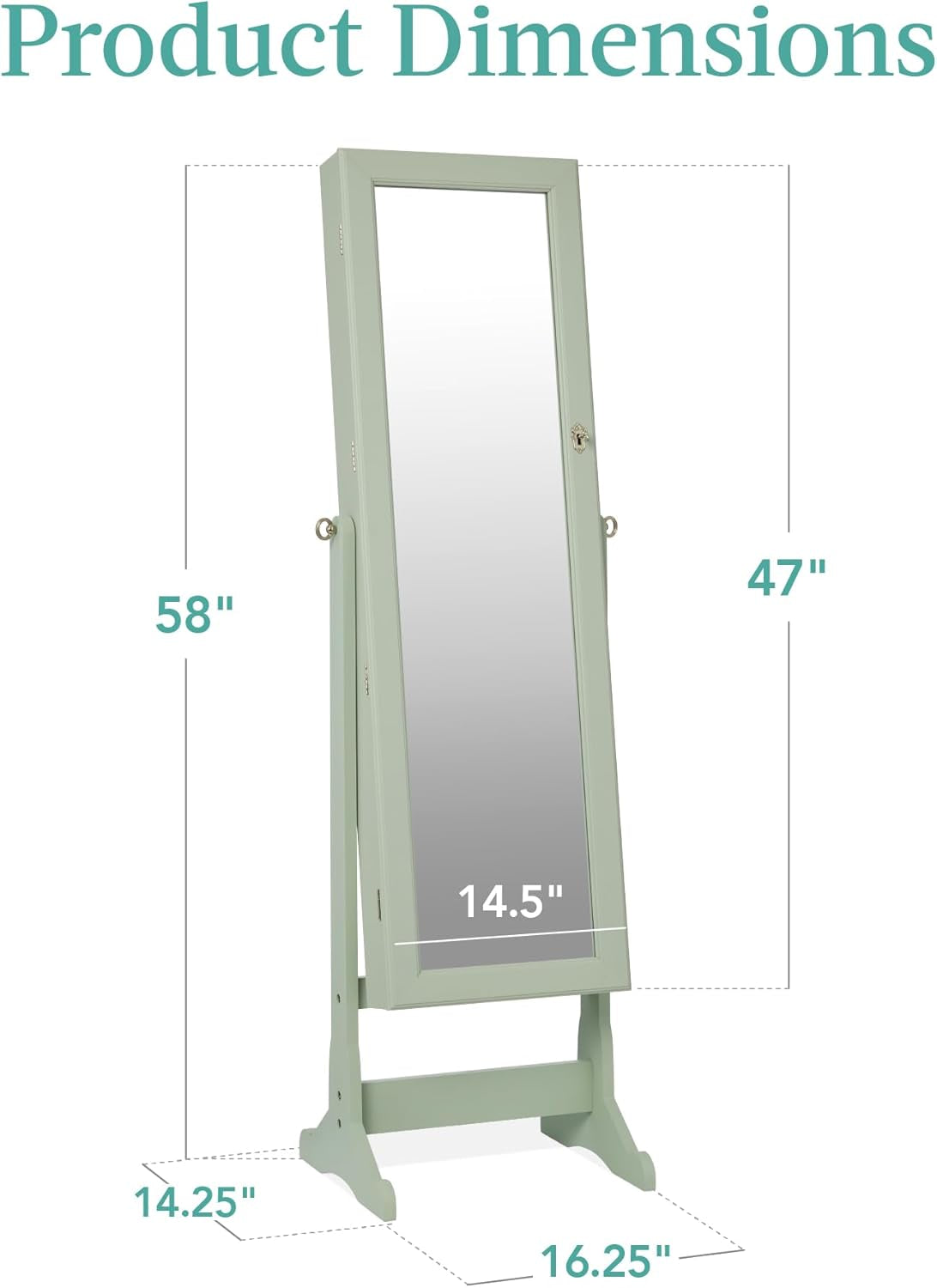 Freestanding Jewelry Armoire Cabinet, Full Length Standing Mirror, Lockable Makeup Storage Organizer, W/Velvet Lining, 3 Angles, Lock, Accessory Pouch, 5 Shelves - Sage