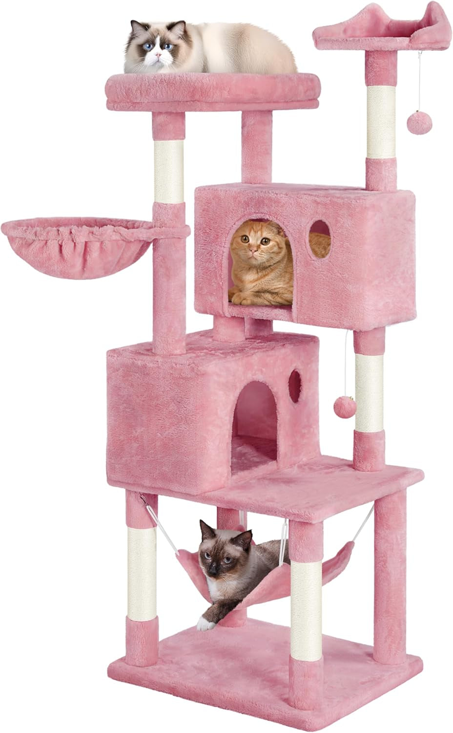 Multi-Level Cat Tree, Large Cat Tower with Condos Platform 64In, Cat House Cat Tree for Medium Cats Pink