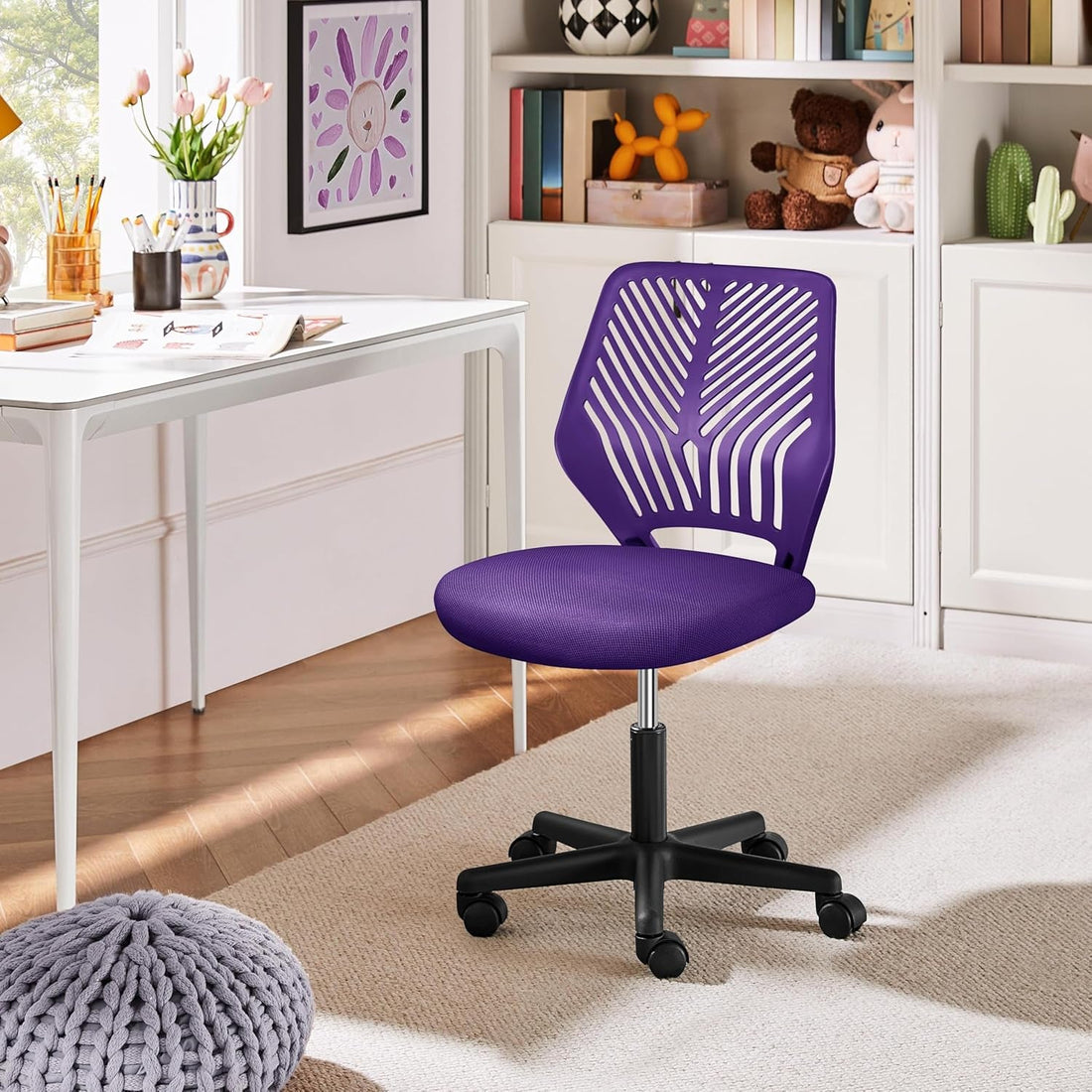 Students Cute Desk Chair Low-Back Armless Study Chair W/Lumbar Support Adjustable Swivel Chair in Home Bedroom School, Purple