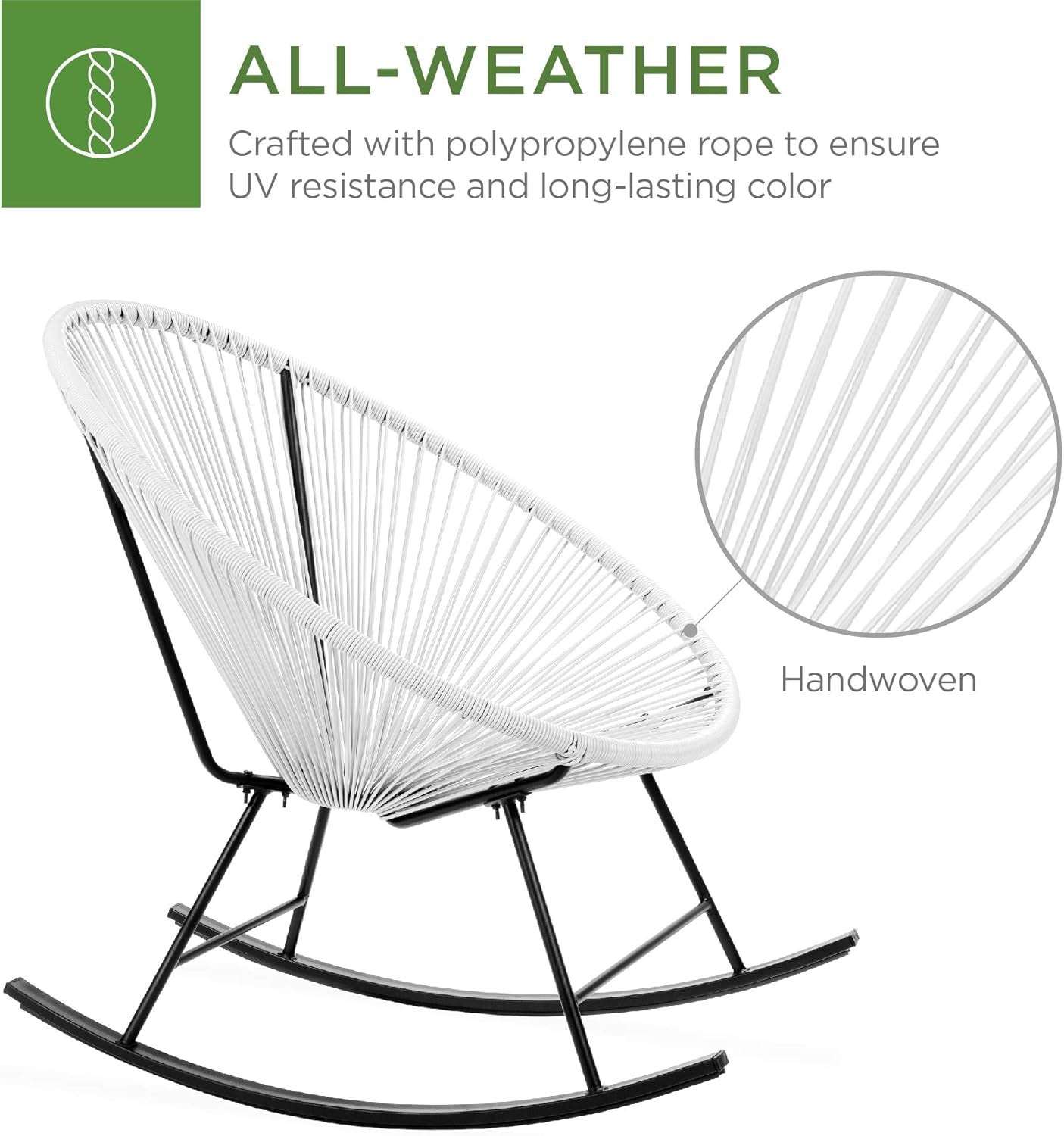 3-Piece Outdoor Acapulco All-Weather Woven Rope Patio Conversation Bistro Set W/Glass Top Table and 2 Rocking Chairs - White