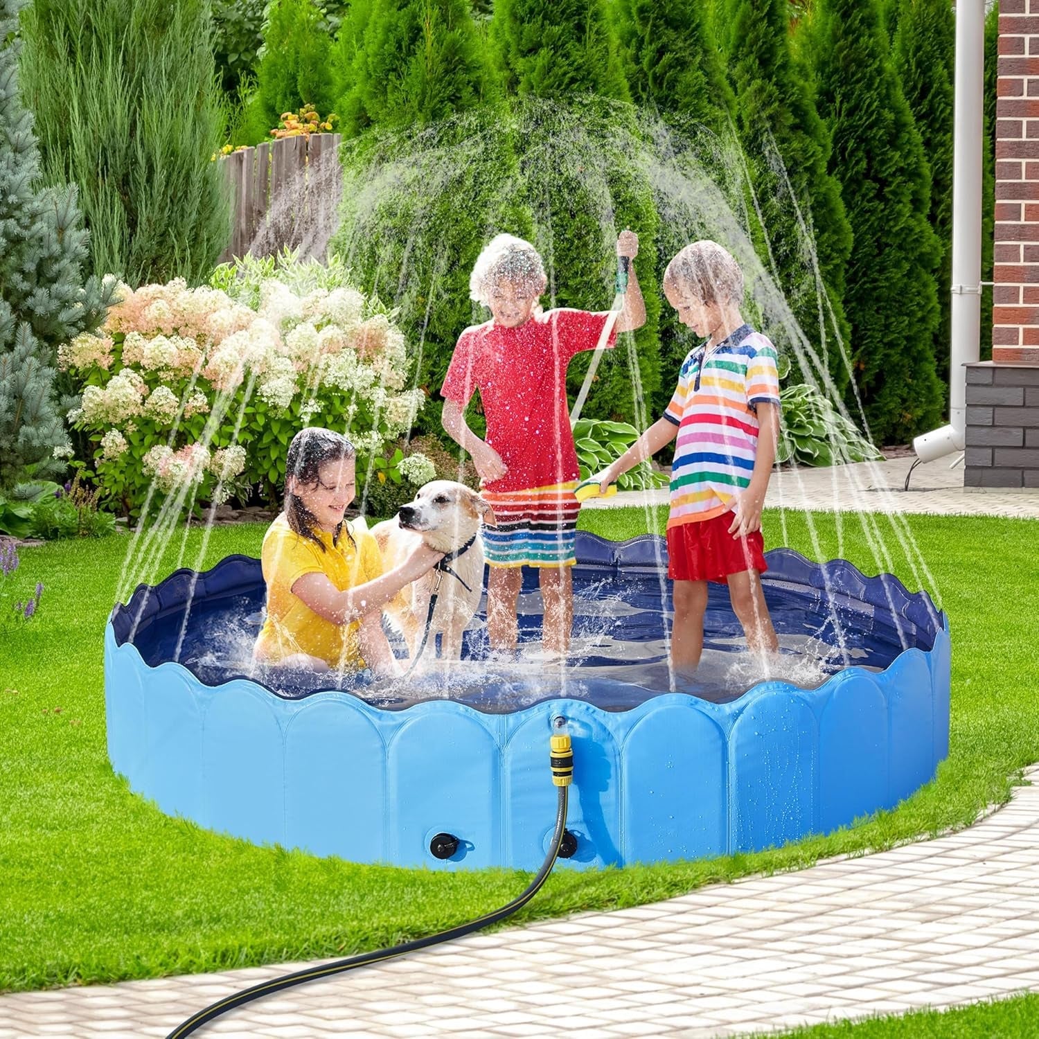 Foldable Dog Bath Pool Collapsible Dog Bathing Tub Doggie Wading Pool with Sprinkler for Indoor/Outdoor Use Suitbale for Puppy Small Medium Dogs Cats(Blue, 71X13 Inch)