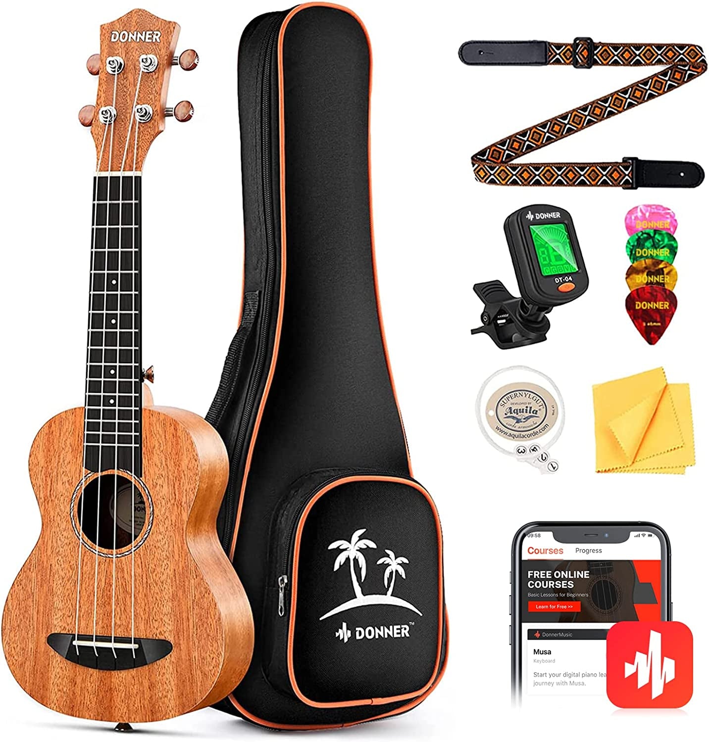 Concert Ukulele Beginner Mahogany 23 Inch Ukelele Kit with Free Online Lesson Gig Bag Strap Nylon String Tuner Picks Cloth DUC-1 Gift Choice