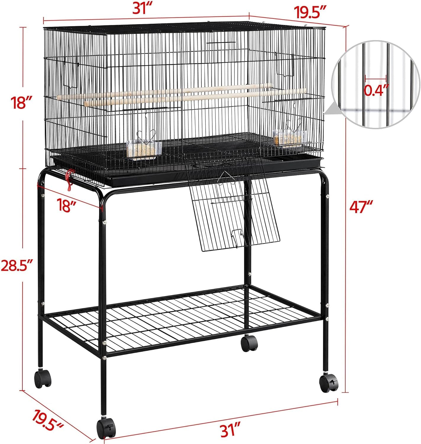 47-Inch Rolling Breeding Flight Bird Cages for Parakeets Budgies Finches Cockatiels Conures Lovebirds Canaries Parrots W/Detachable Stand, Black