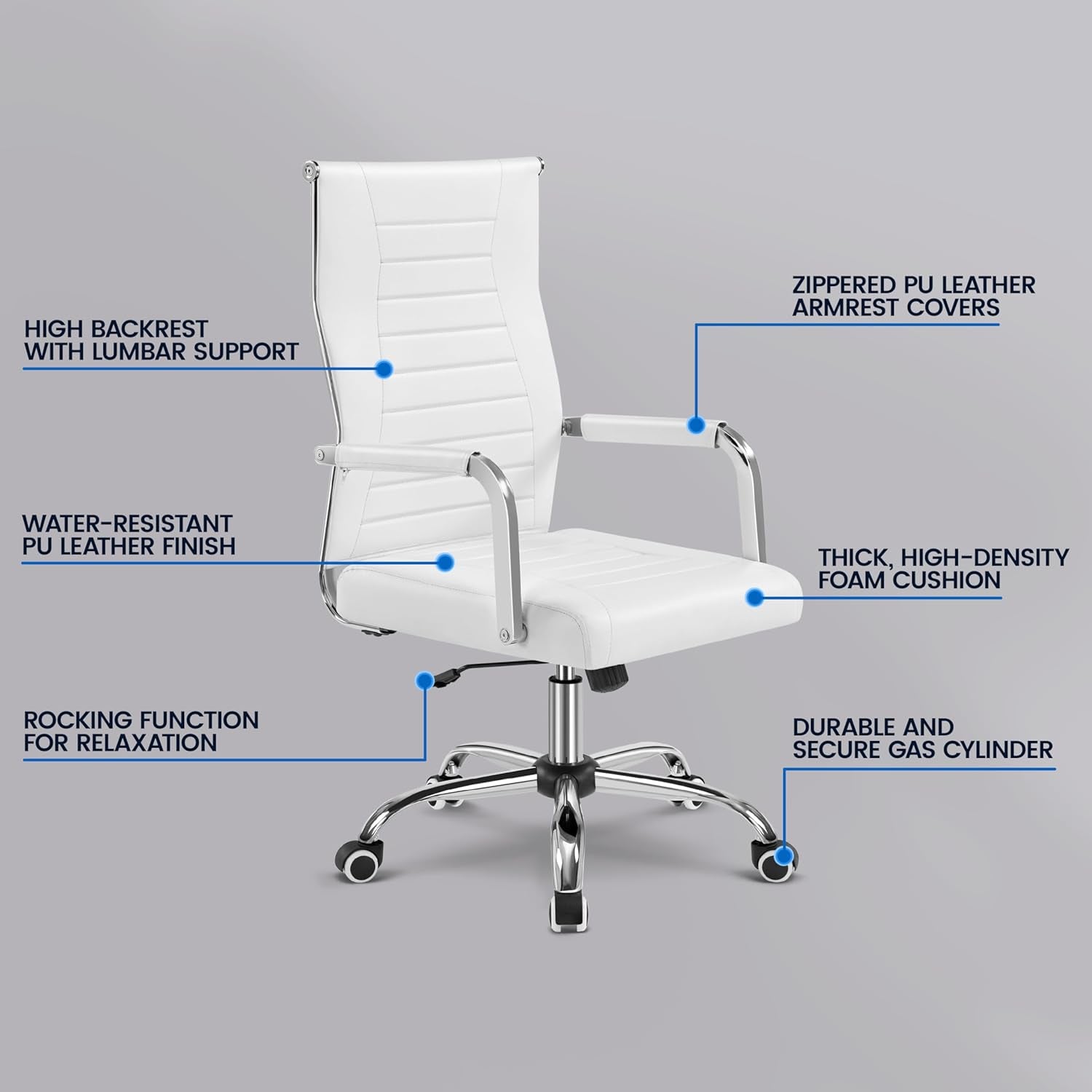 High-Back Office Desk Chair Executive Task Chair Management Chair PU Leather Chair Height Adjustable with Ergonomic Backrests for Conference and Home, White