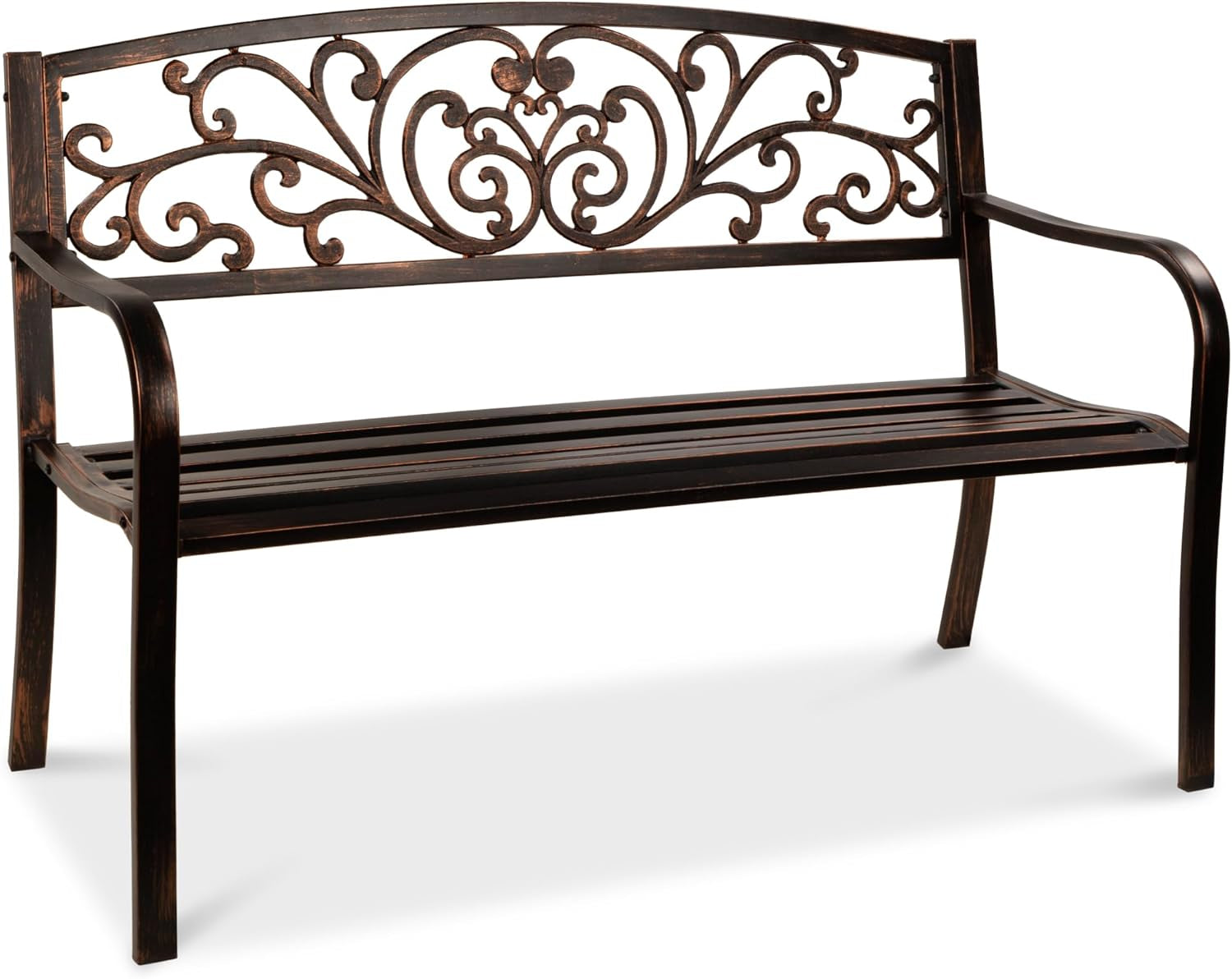 Outdoor Bench Steel Garden Patio Porch Furniture for Lawn, Park, Deck W/Floral Design Backrest, Slatted Seat - Black