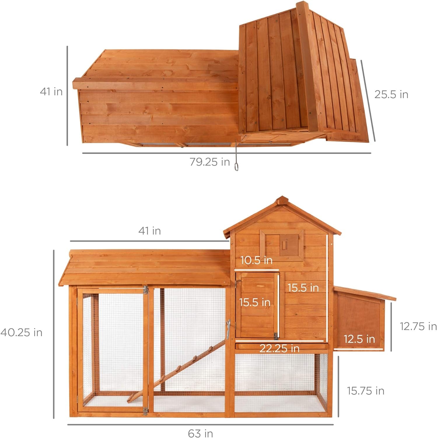 80In Outdoor Wooden Chicken Coop Multi-Level Hen House, Poultry Cage W/Ramps, Run, Nesting Box, Wire Fence, 3 Access Areas