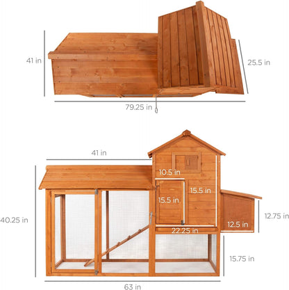 80In Outdoor Wooden Chicken Coop Multi-Level Hen House, Poultry Cage W/Ramps, Run, Nesting Box, Wire Fence, 3 Access Areas