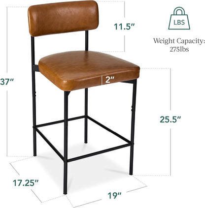 Set of 2 Faux Leather Bar Stools, Armless Counter Height for Kitchen Island, Home, Dining W/Metal Frame - Camel Brown