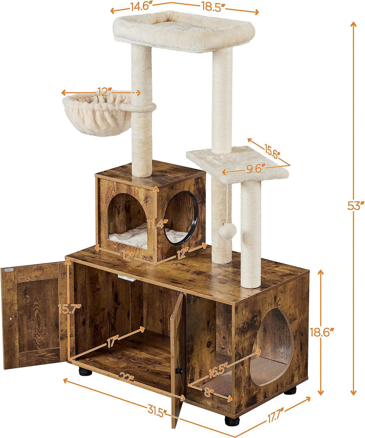 Litter Box Enclosure with Cat Tree, All-In-One Indoor Cat House W/Scratching Posts, Wooden Cat Litter Box Furniture W/Cat Condo, Platform, Rustic Brown/Beige