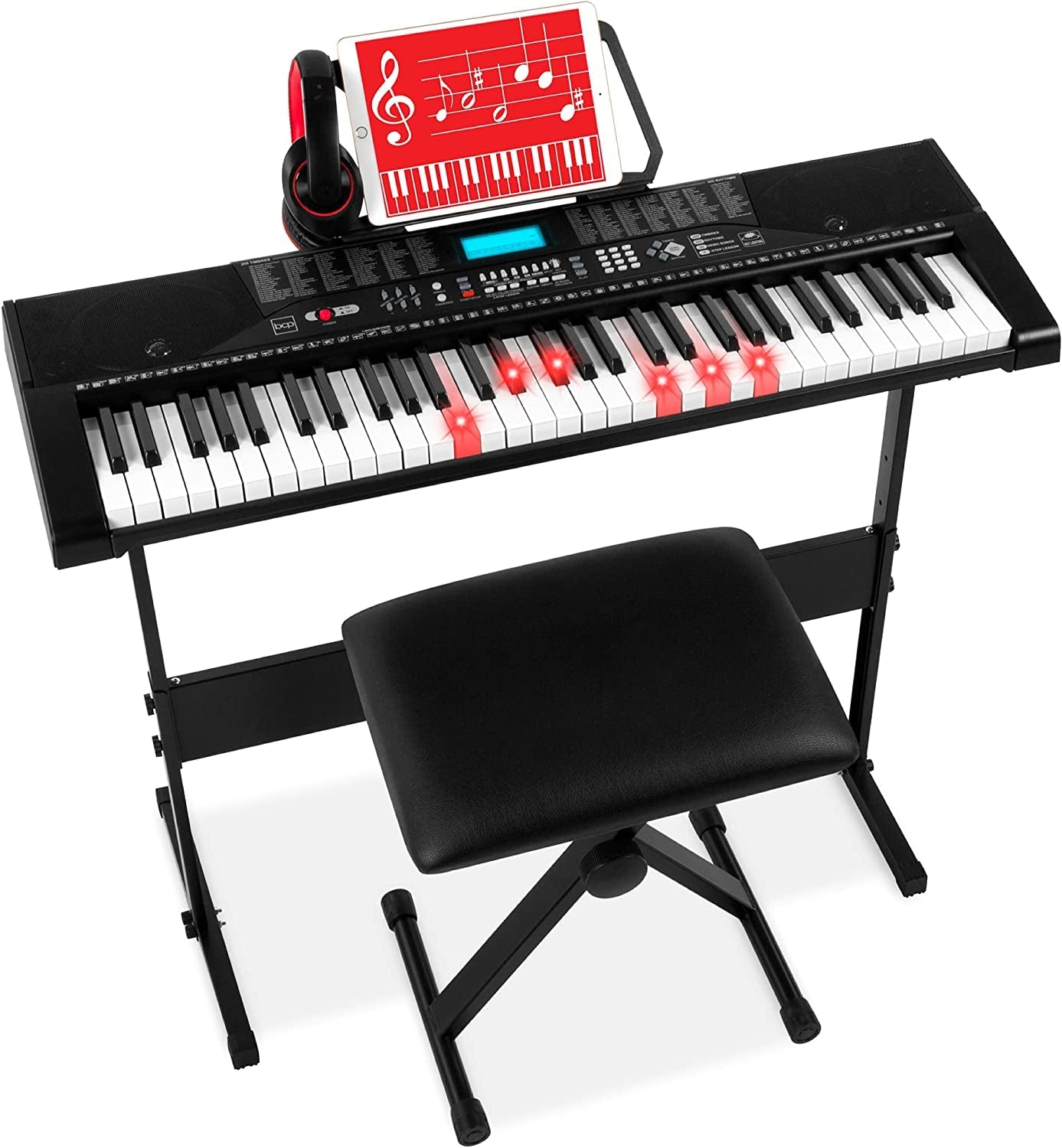 61-Key Beginners Complete Electronic Keyboard Piano Set W/Lighted Keys, LCD Screen, Headphones, Stand, Bench, Teaching Modes, Note Stickers, Built-In Speakers - Black