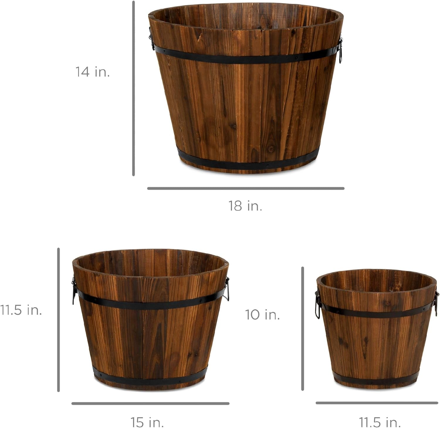 Set of 3 Wooden Bucket Barrel Garden Planters Set Rustic Decorative Flower Beds for Plants, Herbs, Veggies W/Drainage Holes, Multiple Sizes, Indoor Outdoor Use