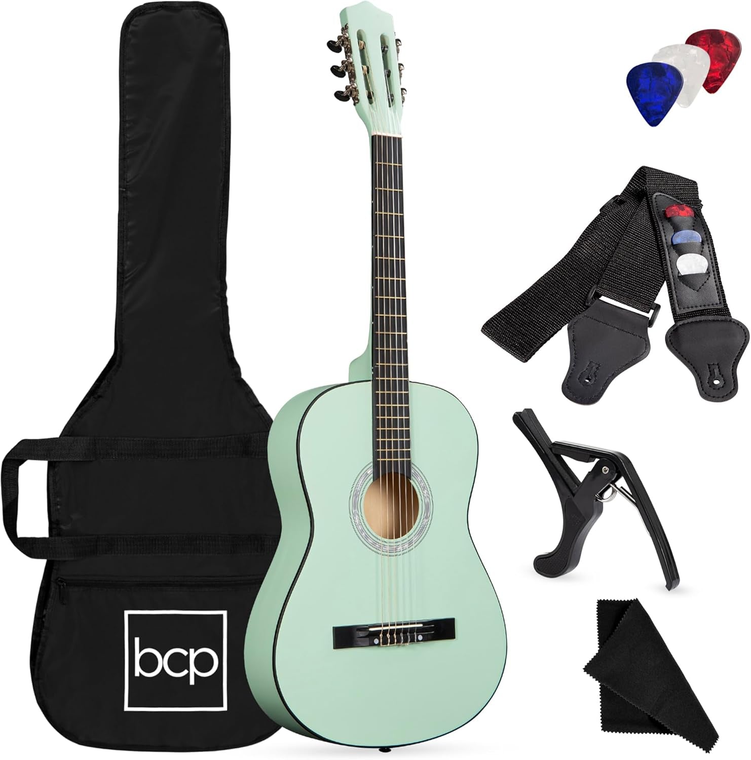 38In Beginner All Wood Acoustic Guitar Starter Kit W/Gig Bag, 6 Celluloid Picks, Nylon Strings, Capo, Cloth, Strap W/Pick Holder - Matte Black