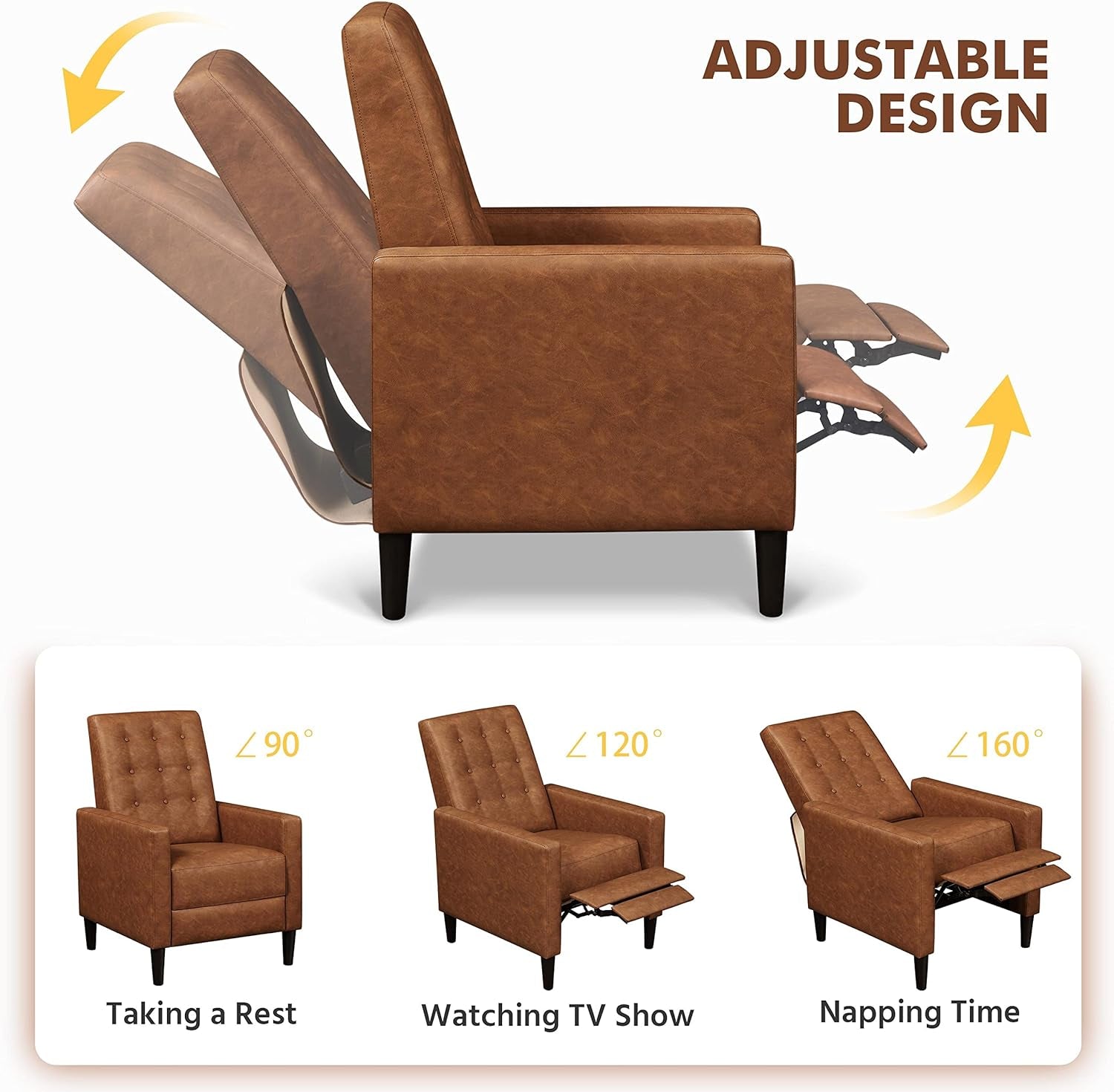 Faux Leather Recliner Sofa Mid-Century Modern Single Reclining Chair Adjustable Back &amp; Footrest Tufted Upholstered Sofa with Pocket Spring Living Room Bedroom Home Theater Brown