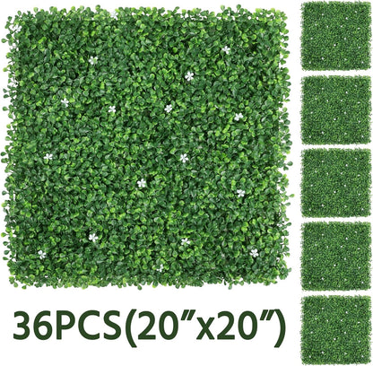 6Pcs 20 X 20 Inch Artificial Boxwood Panels W/Little White Flowers UV Protected Topiary Hedge Plant Privacy Hedge Screen Decorations for Garden,Home,Backyard and Green