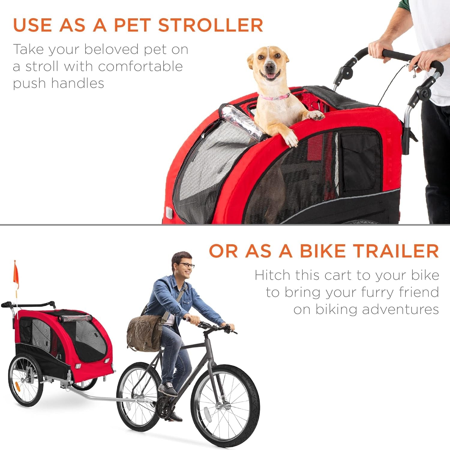 2-In-1 Dog Bike Trailer, Pet Stroller Bicycle Carrier W/Hitch, Suspension, Visibility Flag and Reflectors, 66Lb Weight Capacity