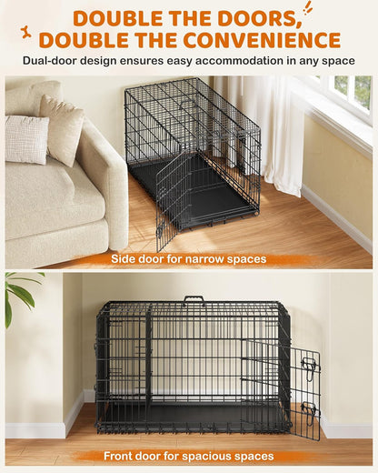 42 Inch Dog Crate Double Door Dog Crate W/Divider for Puppy to Adult XL Collapsible Metal Dog Crate with Removable Tray Wire Dog Kennel Pet Crate for Large Dogs Portable Travel Cage, Black