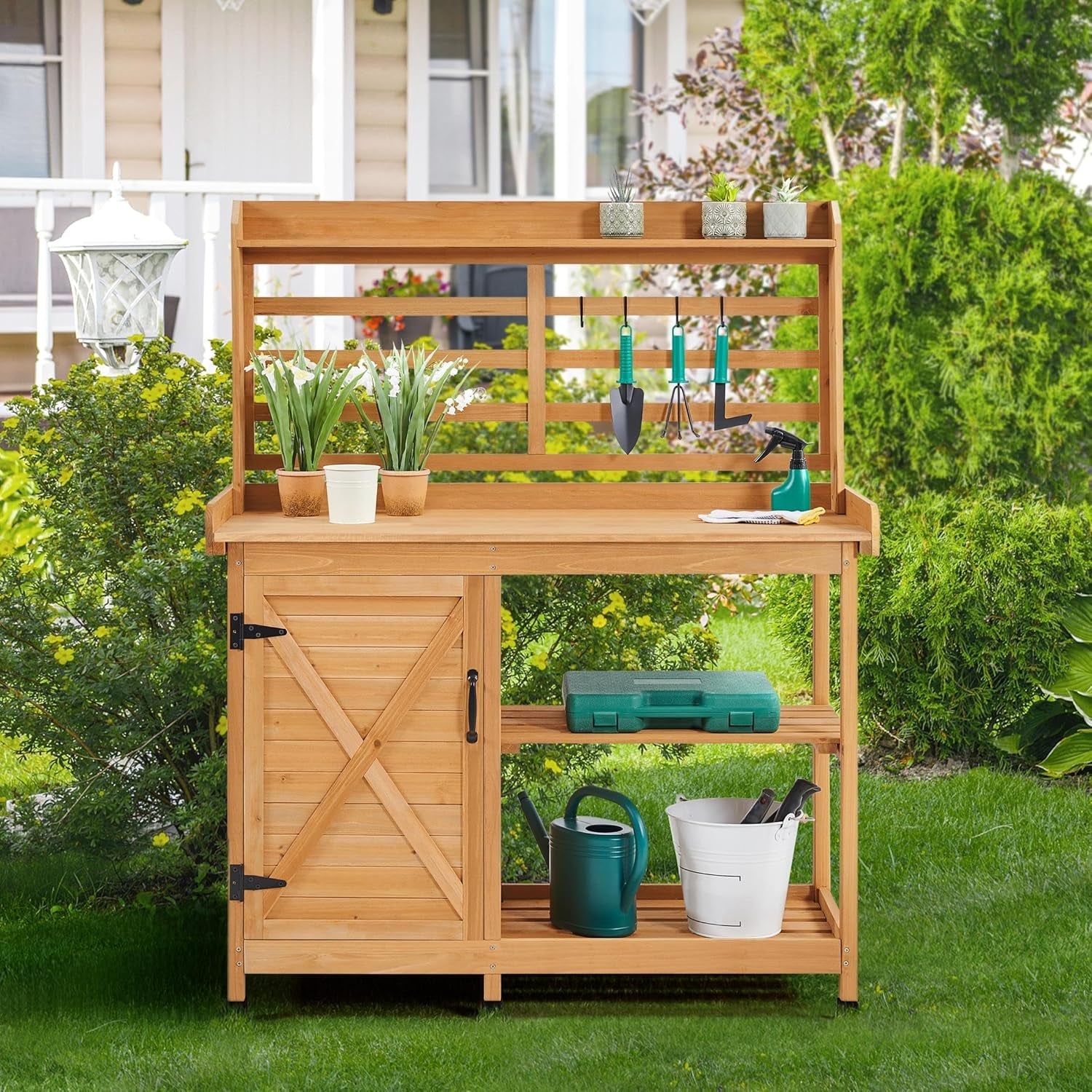 Outdoor Potting Bench, Large Horticulture Work Table Workstation with Storage Cabinet Shelf &amp; Planting Working Console for Patio/Lawn/Garden - Wood