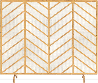 38X31In Single Panel Handcrafted Wrought Iron Mesh Chevron Fireplace Screen, Fire Spark Guard for Living Room, Bedroom Décor W/Distressed Antique Finish - Gold