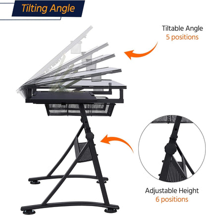 Drawing Table, Art Craft Desk with Adjustable Tabletop, Painters/Artist Work Station, Study Table with Stool, Tempered Glass Top