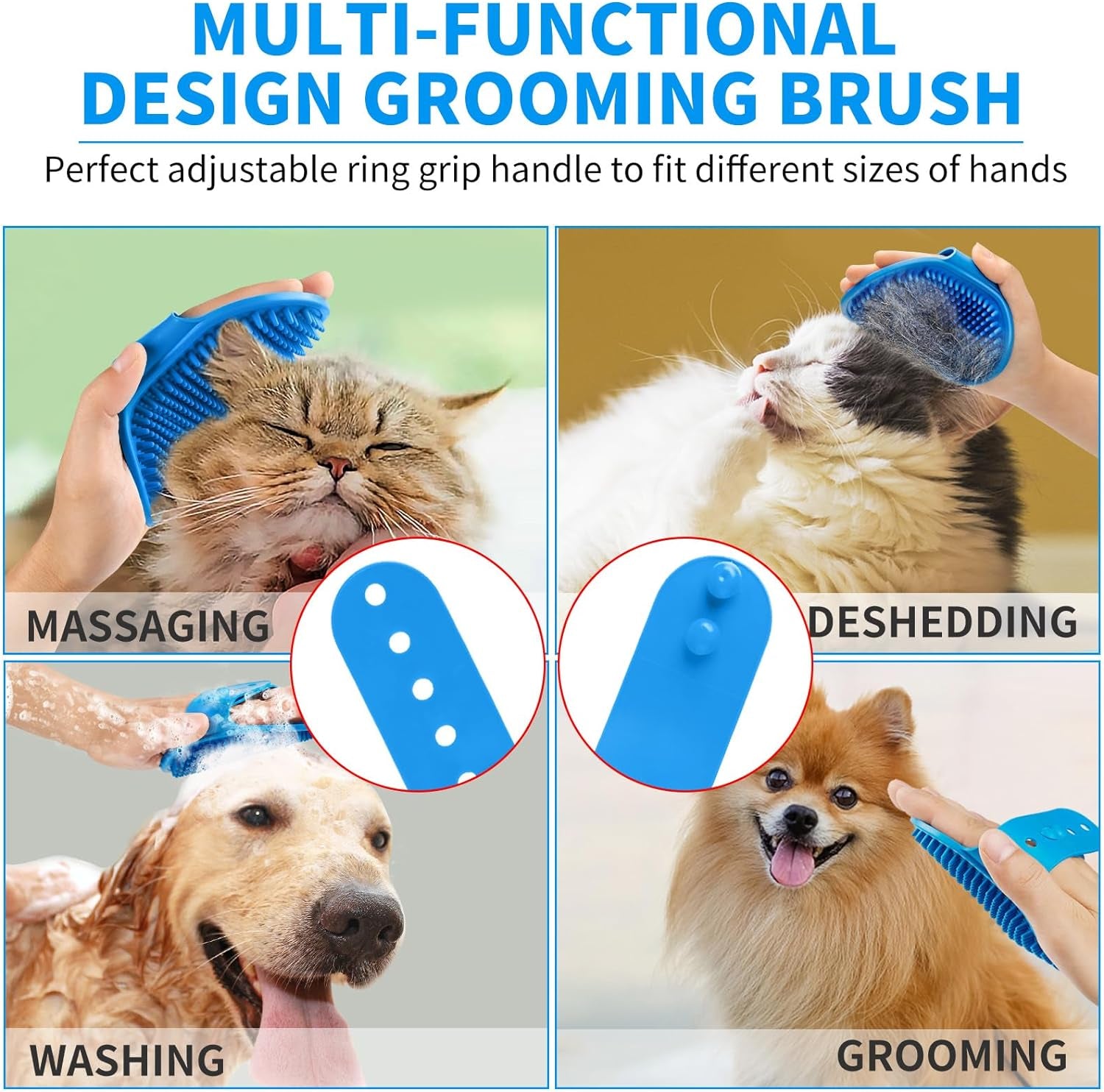 3PCS Dog Bath Brush | Dog Shampoo Brush | Dog Scrubber for Bath | Dog Bath Brush Scrubber | Dog Shower/Washing Brush with Adjustable Ring Handle for Short &amp; Long Hair (Blue Blue Blue)