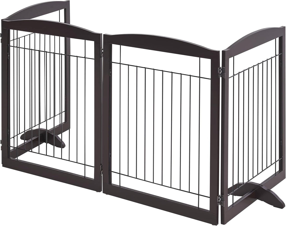 32-Inch Tall Dog Gate Extra Wide Pet Gate for Dogs Indoor Foldable Wire &amp; Wooden Puppy Safety Fence W/2 Support Feet,Freestanding Dog Gate for the House, Doorway, Stairs(Espresso,4 Panels)