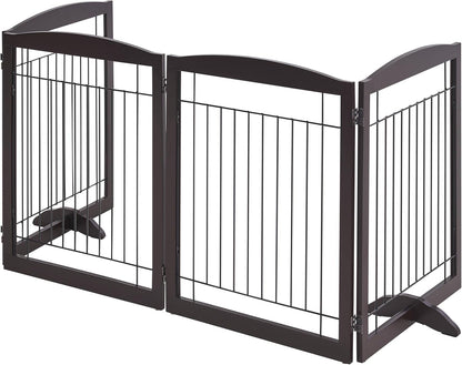 32-Inch Tall Dog Gate Extra Wide Pet Gate for Dogs Indoor Foldable Wire &amp; Wooden Puppy Safety Fence W/2 Support Feet,Freestanding Dog Gate for the House, Doorway, Stairs(Espresso,4 Panels)