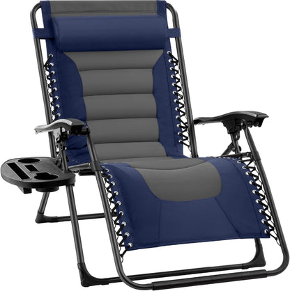 Oversized Padded Zero Gravity Chair, Folding Outdoor Patio Recliner, XL anti Gravity Lounger for Backyard W/Headrest, Cup Holder, Side Tray, Polyester Mesh - Black/Gray