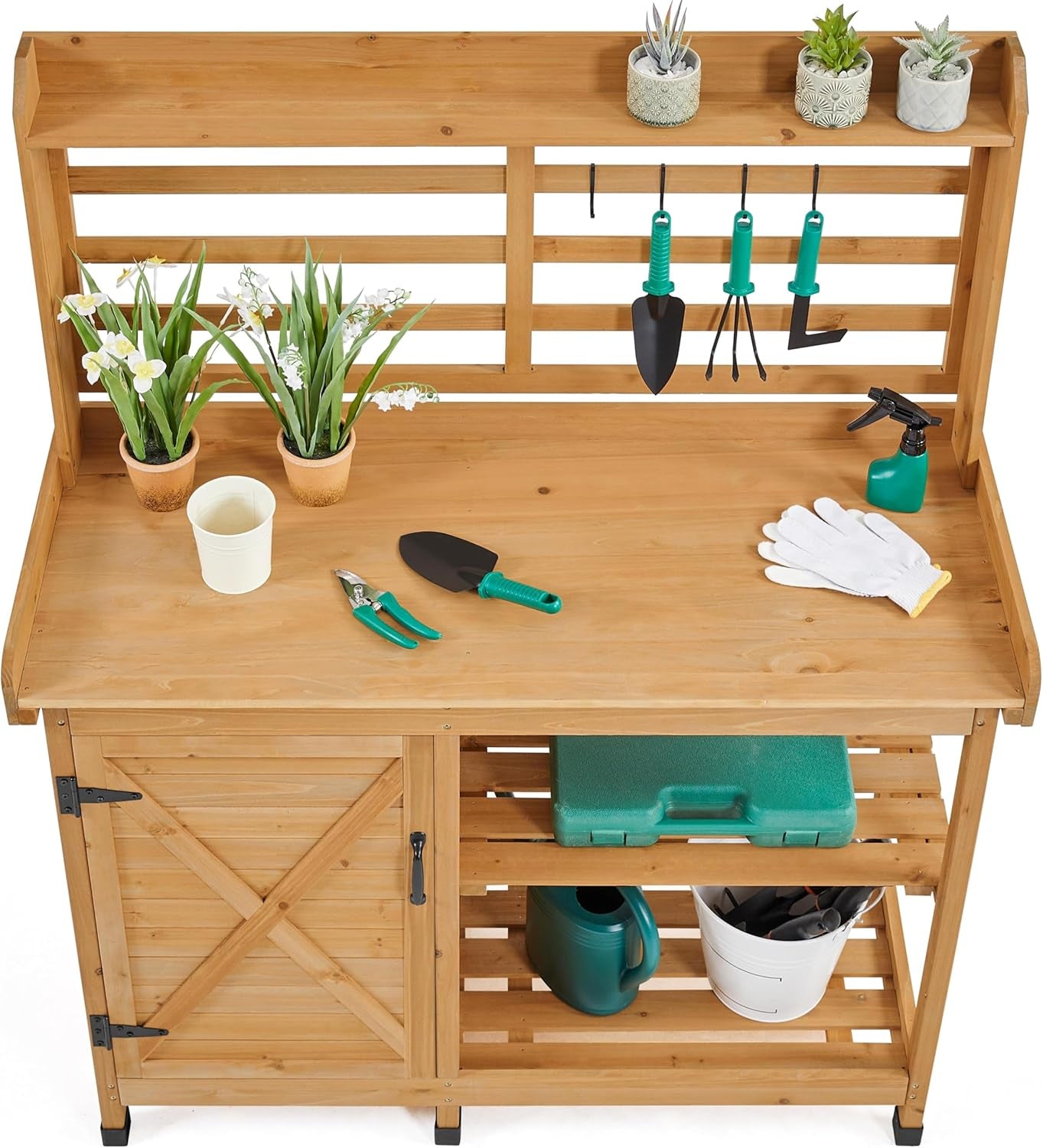 Outdoor Potting Bench, Large Horticulture Work Table Workstation with Storage Cabinet Shelf &amp; Planting Working Console for Patio/Lawn/Garden - Wood