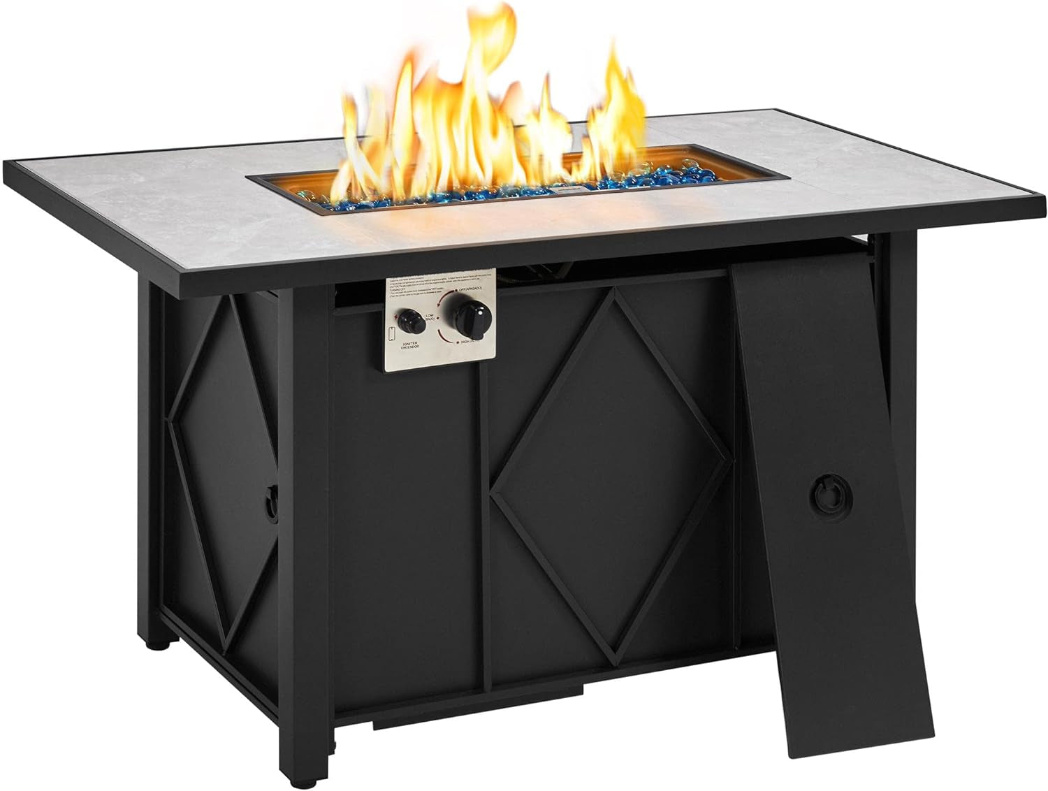 Propane Fire Pit 43 Inch Gas Fire Pit Table 50,000 BTU Auto-Ignition 2 in 1 Gas Firepit with Ceramic Tabletop, Steel Base, Glass Fire Stones and Waterproof Cover, CSA Certification