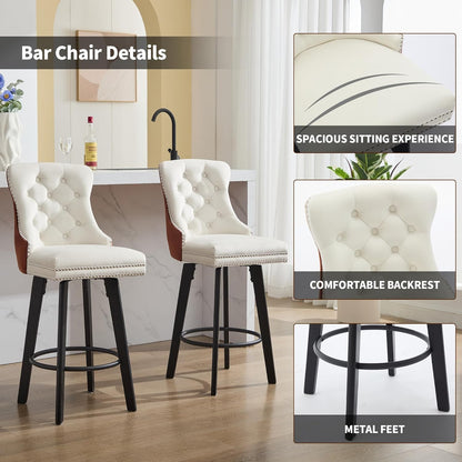 Modern Swivel 27&quot; H Seat Velvet Barstools with Backrest,Button Tufted Rivet Trim Dining Room Chairs with Metal Pull Ring for Kitchen Island，Bistro, Home Bar，Coffee and White（Two-Tone,3 Pcs）