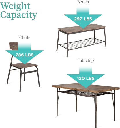 6-Piece 55In Modern Dining Set for Home, Kitchen, Dining Room W/Storage Racks, Rectangular Table, Bench, 4 Chairs, Steel Frame - Brown