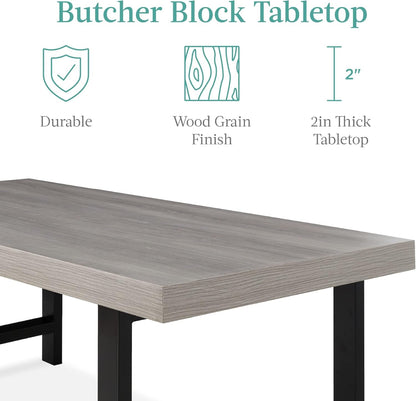 44In Modern Coffee Table Butcher Block Top Large Accent Table, Rectangular Wood Industrial Rustic Coffee Table for Living Room W/ 2In Metal Legs, 3In Tabletop - Gray