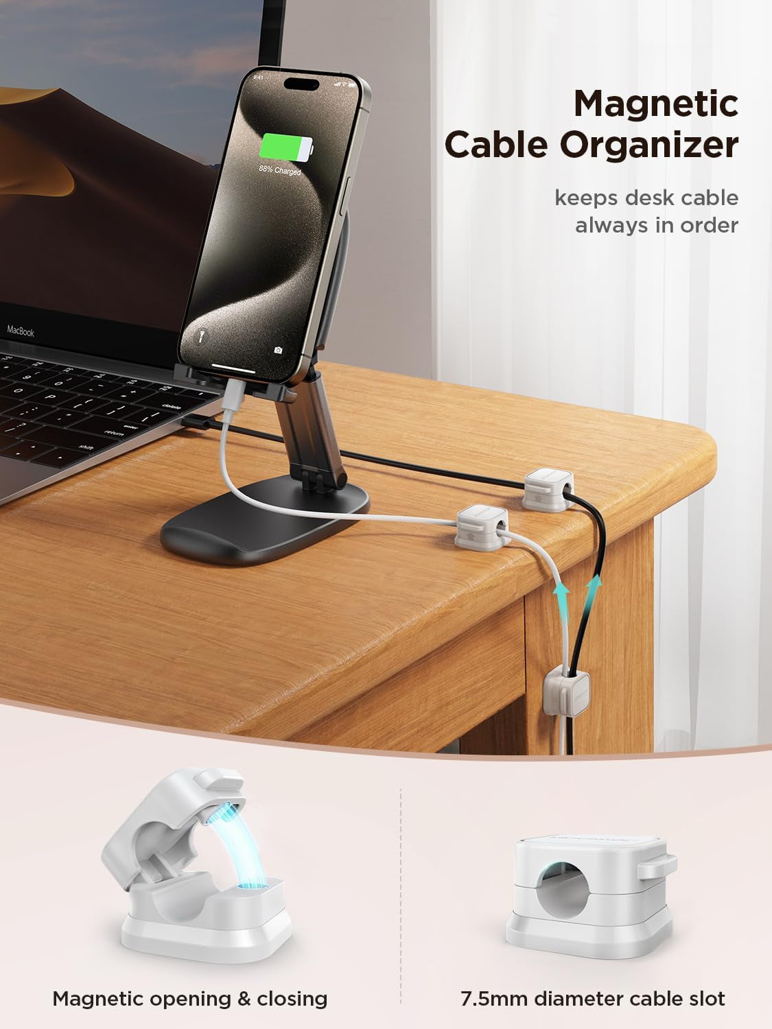 6 Pack Magnetic Cable Clips [Cable Smooth Adjustable] Cord Holder, under Desk Cable Management,  Adhesive Wire Holder Keeper Organizer for Home Office Desk Phone Car Wall Desktop Nightstand